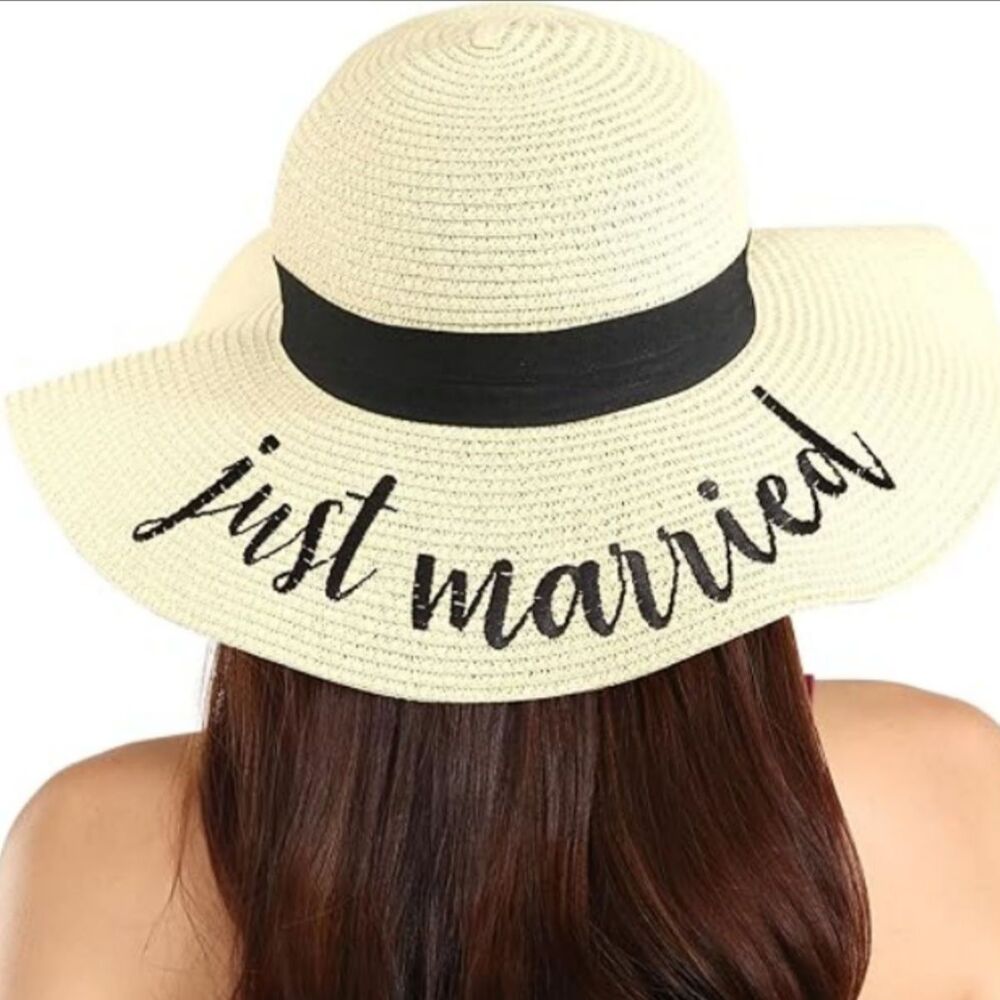 Brook + Bay JUST MARRIED Embroidered Summer Cabo Foldable Straw Hat - New